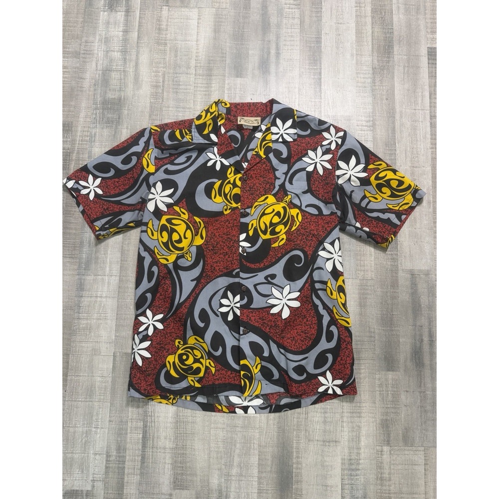 Vintage E & K Hawaiian Shirt Mens M Made in Hawaii Red Floral Turtle